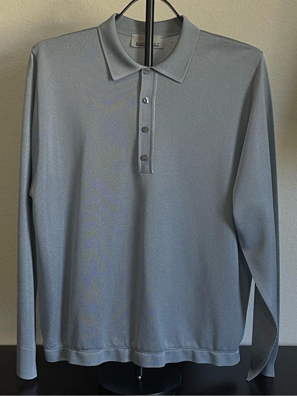 VTG Montagut Paris Fil Lumiere Knit Long Sleeve Polo Shirt Silver Gray Size 5 L